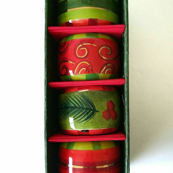 Ceramic Napkin Rings Vintage Dept 56 Jane Davies Christmas Red Green Gold IOB - Picture 3 of 7